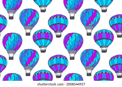 Violet blue hot air balloon isolated vector seamless pattern graphic design. Hotair baloon aircraft with basket. Hot air balloons aerostat flotilla childish illustration. Sport travelling print