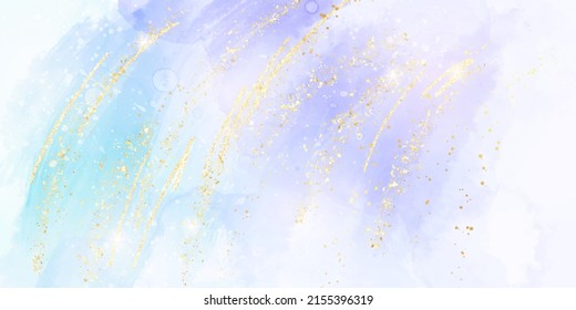 Violet blue liquid watercolor background with brush strokes, stains and glitter. Pastel cyan purple marble alcohol ink drawing effect. Vector illustration design template for wedding invitation