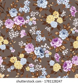 violettes Blau und sengende Vektorblumen mit Blättermuster auf braunem Hintergrund
