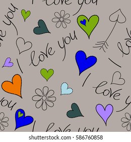 Violet, blue and orange hearts, I love you text, chamomile flower. Modern seamless pattern can be used for wallpaper, pattern fills, fabric, textile, gifts, wrapping paper, scrapbooking.