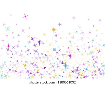 Violet blue pink magic stars sparkle texture vector. Minimal colored confetti of flying stars, magic geometric sparkles stardust vector background on white. New Year party design.