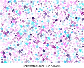 Violet blue pink purple magic stars sparkle texture vector. Colorful confetti of flying stars, magic geometric sparkles stardust vector background on white. Party design template.