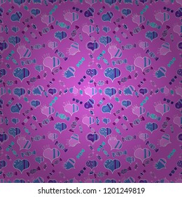 Violet, blue and pink Vector illustration. Seamless pattern with Ethnic Hearts, in retro 80s style for fabric print, paper print and website backdrop. Valentines Day.