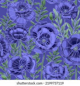violet blue poppies seamless vector pattern, flowers, leaves and stems