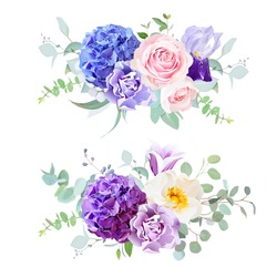 Violet, Blue And Purple Hydrangea, Rose, Iris, Carnation, Bell Flower, Eucalyptus And Greenery Vector Design Horizontal Bouquets.Beautiful Spring Wedding Flowers.All Elements Are Isolated And Editable