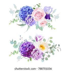 Violet, blue and purple hydrangea, rose, iris, carnation, bell flower, eucalyptus and greenery vector design horizontal bouquets.Beautiful spring wedding flowers.All elements are isolated and editable