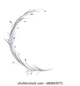 Violet and blue round wreath from grass, twigs and lilac flowers isolated on white background. Floral garland for greeting cards. Vector illustration. Tender fantasy clip art