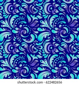 Violet and blue seamless pattern good for greeting card for birthday, invitation or banner. Medieval floral royal pattern. Decorative symmetry arabesque. Vector illustration.