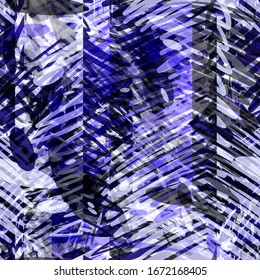 Violet and blue seamless texture with hand drawn strokes. Palm leaves effect. Abstract vector background for web page, banners backdrop, fabric, home decor, wrapping