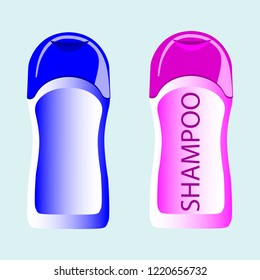 Violet and blue shampoo bottles. Light background. Vector illustration.