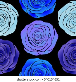 Violet and blue vector roses petals on a black background.