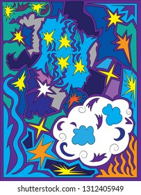 violet and blue vector sky with stars and cloud