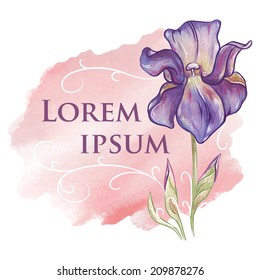 violet and blue watercolor iris flower with the text on the red abstract background