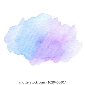 Violet blue watercolor isolated vector scribble grunge stain on white background for tag, label, card. Aquarelle paper texture hand drawn colorful smear art illustration element 