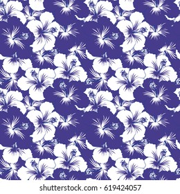 Of violet, blue and white hibiscus flowers, blossom with leaves isolated. Hand drawn sketch. Hibiscus flowers in violet, blue and white colors. Watercolor painting effect, Vector illustration.