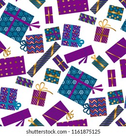 Violet and blue xmas gift box seamless pattern. Simple gray geometry vector motif for background, wrapping paper, fabric, surface design