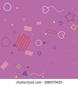 Violet Blue Yellow Circle Wave Square Lime Geometrical Design. Red Bright Pastel Stars Simple Oval Rectangle Simple Hipster Art. Colorful Green Orange Pink Hearts Polygonal Zigzag Illustration.