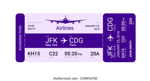 Violet boarding pass isolated on a white background. Vector illustration.