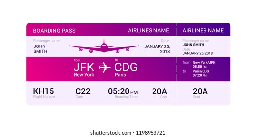 Violet boarding pass isolated on a white background. Vector illustration.