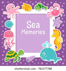 Violet border with cute sea animals. Sea frame with bubbles and ocean animals