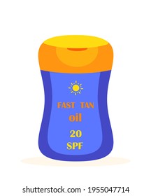 Violet Bottle of Sun Care Oil for Fast Bronze Tan. Calming Sunscreen Product for Safe Tanning and Healthy Sunbathing.Anti-UV Lotion. Colored flat vector illustration isolated on white background
