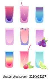 Violet bright set alcoholic drinks shot glass. Vector image with texture. Refreshing drinks. Liquids with the addition of topping and berries. Vector illustration on white background