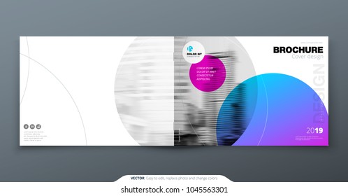 Violet Brochure design. Horizontal cover template for brochure, report, catalog, magazine. Layout with gradient circle shapes and abstract photo background. Swiss style Brochure concept