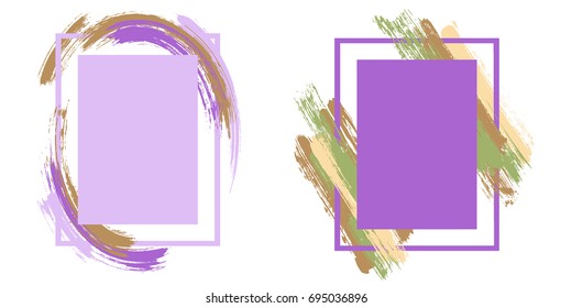 Violet with brown art frame set vector collection.  Grunge border with painted brushstrokes background collection. Painted frames graphics design templates for banners, flyers, posters, cards.