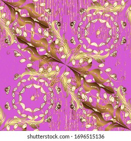 Violet and brown colors with golden elements. Vector golden pattern. Oriental style arabesques. Golden textured curls.