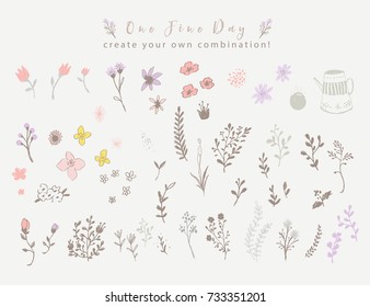 Violet and Brown Floral Elements, Vector Poster with Rustic Flowers, Greeting Card, Soft Floral Background, Pastel Color Flowers