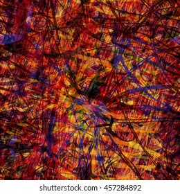 Violet, brown and orange. Curved stripes, wavy lines, strokes, spots. Randomly mixed. Seamless vector background.