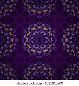 Violet, brown and purple colored seamless pattern with arabesques and floral elements. Traditional classic ornament. Oriental vector round mandalas. Vintage with arabesques.