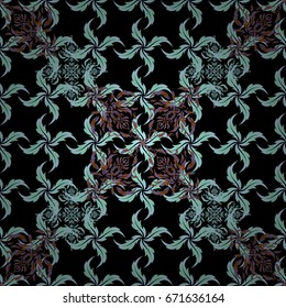 Violet and brown texture on a black background. Vector seamless pattern with motley ornament.