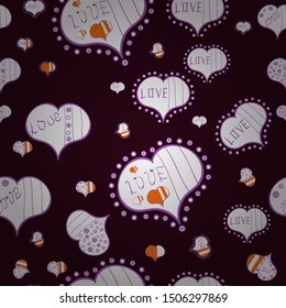 Violet, brown, white colors on background With Ornaments, Hearts. Love. Vector. Invitation, menu, flyer. Seamless Happy valentines day and wedding design elements. Doodles and curls. Be my Valentine.