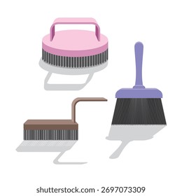Violet brush, pink round brush, brown brush with handle for clothes and shoes or paint brush isolated on a white background. Broom for sweeping. Set or collection. Brushes with shadows