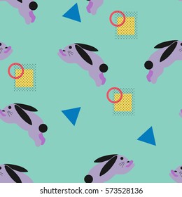 Violet bunnies with black ears and tail. Geometrical figures: blue triangle, yellow square and pink circle. Memphis style pattern