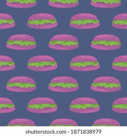 Hamburguesa violeta, patrón sin fisuras sobre fondo morado oscuro.