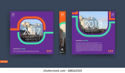 Violet business card. A4 brochure cover design. Info banner mockup. Title sheet model set. Modern vector front page art. Urban city house texture. Green, orange lines frame icon. Ad flyer text font