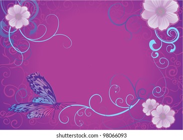 violet butterfly and flowers on dark background