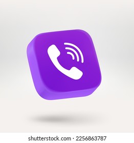 Violet button with cellphone tube. 3d vector icon isolated on white background