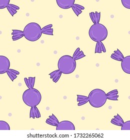 Violetskandale auf gelbem Hintergrund mit Punkten.  Vector nahtlos Muster. Einfache Abbildung. Stoffdruck. 