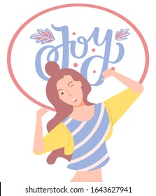 Violet capture joy in red circle. Happy brunette girl smiling and enjoying every moment. Hapiness and enjoyment vector illustration in flat style