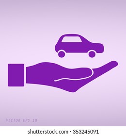 Violet car in hand - vector icon 