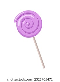 Violet caramel on stick concept. Dessert and delicacy, candy. Junk and sugar food. Holiday and festival. Template, layout and mock up. Cartoon flat vector illustration isolated on white background