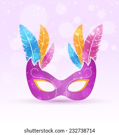 Violet carnival flat mask with multicolored feathers on violet background