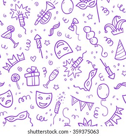 Violet Carnival Symbols In Doodle Style On White Background, Vector Seamless Pattern