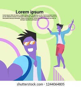 violet cartoon character man dancing doing selfie green background fabulous personage party concept copy space flat