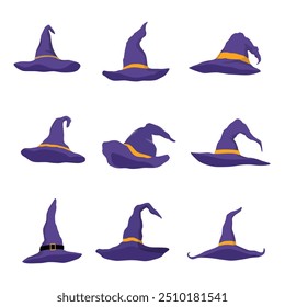 Iconos de vectores de sombreros de bruja de dibujos animados violeta. Gorras de mago, gorras de mago tradicionales. Sombreros del traje del partido de Halloween aislados en el fondo blanco.