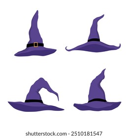 Iconos de vectores de sombreros de bruja de dibujos animados violeta. Gorras de mago, gorras de mago tradicionales. Sombreros del traje del partido de Halloween aislados en el fondo blanco.