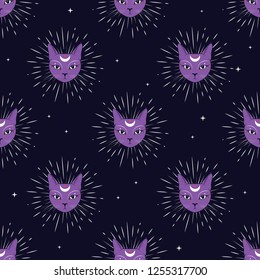 Violet cat face with moon on night sky seamless pattern background. Cute magic, occult design. Vector illustration.